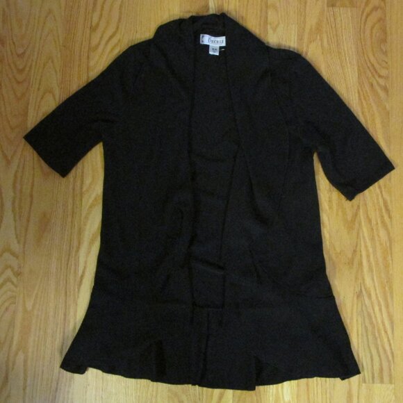 DECREE  WOMEN'S JUNIOR'S SIZE M SWEATER BLACK CARDIGAN SHAW COLLAR & PEPLUM SS - Picture 1 of 4